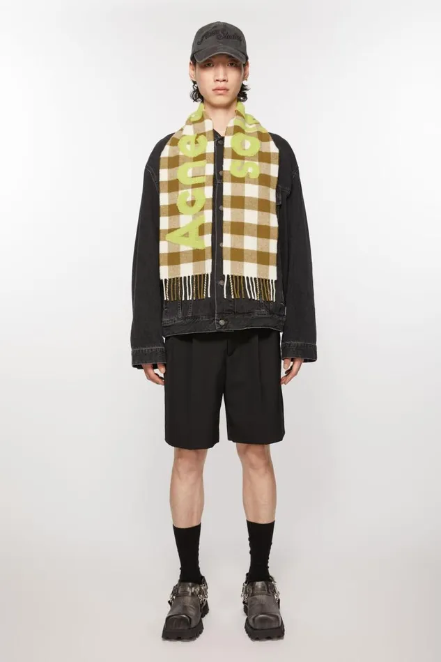 Acne Studios Check Logo Scarf 8211 Narrow Khakigreen Man Scarves