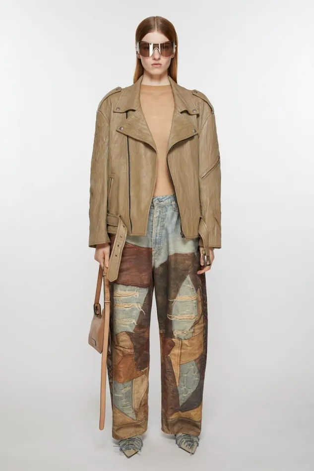 Acne Studios Crinkled Leather Biker Jacket Brown Woman Outerwear