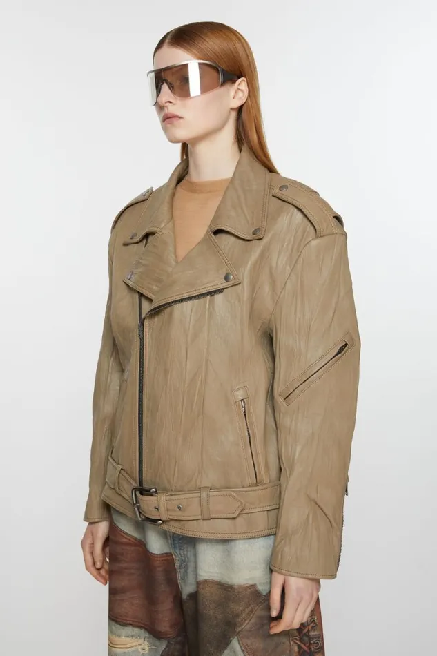 Acne Studios Crinkled Leather Biker Jacket Brown Woman Outerwear