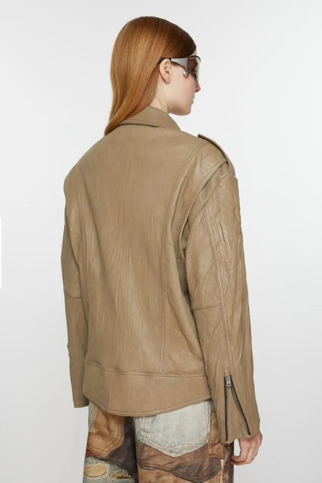 Acne Studios Crinkled Leather Biker Jacket Brown Woman Outerwear