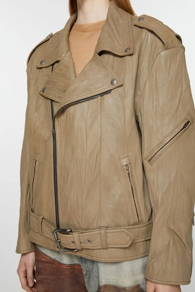 Acne Studios Crinkled Leather Biker Jacket Brown Woman Outerwear