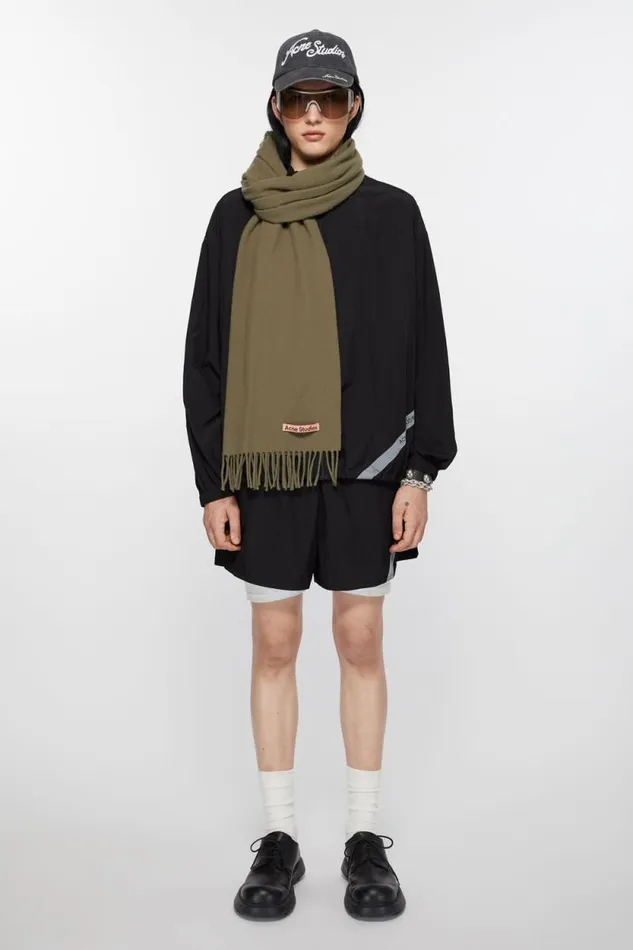 Acne Studios Fringe Wool Scarf 8211 Narrow Khaki Green Man Scarves