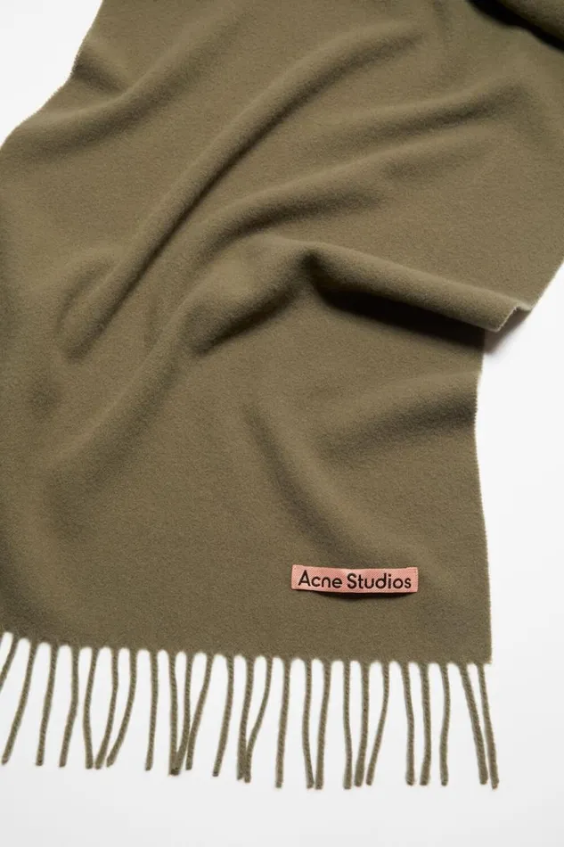 Acne Studios Fringe Wool Scarf 8211 Narrow Khaki Green Man Scarves