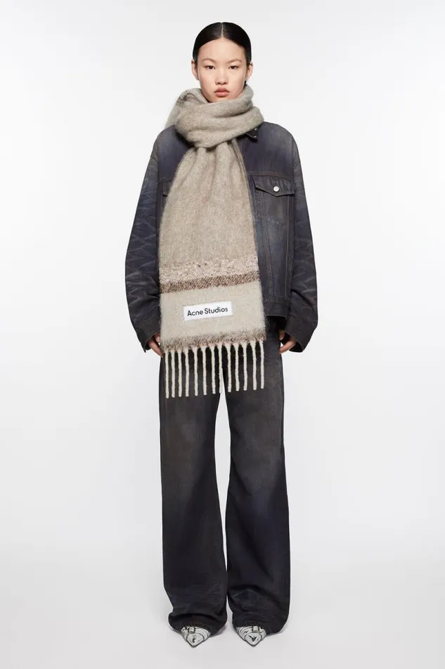 Acne Studios Fringed Scarf Logo Brownbeige Woman Scarves