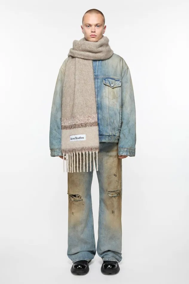 Acne Studios Fringed Scarf Logo Brownbeige Woman Scarves