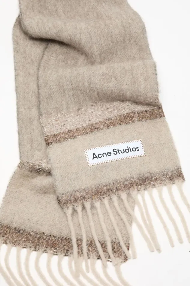 Acne Studios Fringed Scarf Logo Brownbeige Woman Scarves