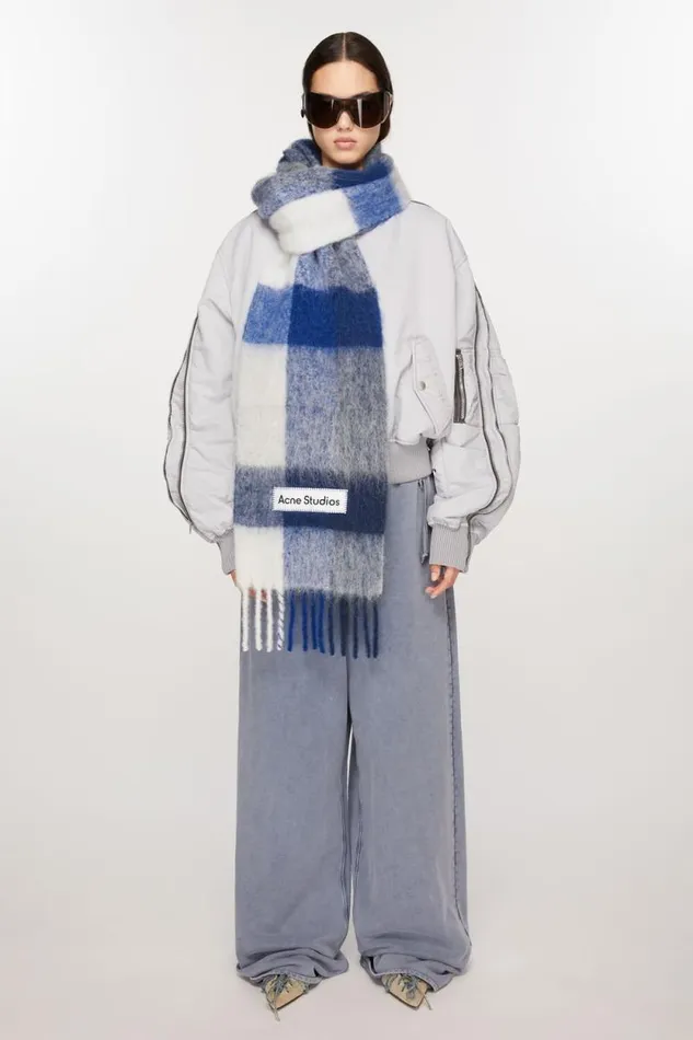 Acne Studios Mohair Checked Scarf Whitegreyroyal Blue Woman Scarves