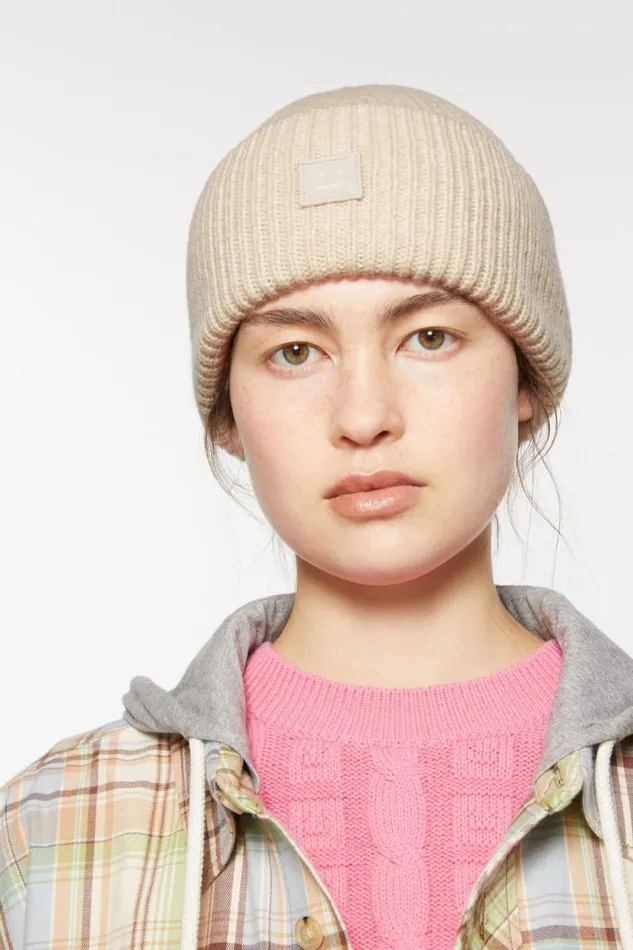 Acne Studios Small Face Logo Beanie Oatmeal Melange Woman Hats