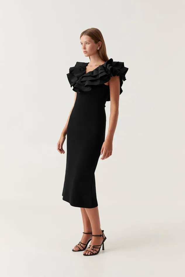Aje Dresses Transcendent Ruffle Midi Dress Black 8211 Women Aje Dresses Transcendent Ruffle Midi Dress Black 8211 Women