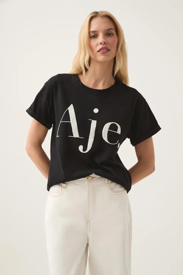 Aje Tees Beyond Embellished Logo Tee Blackwhite Logo 8211 Women