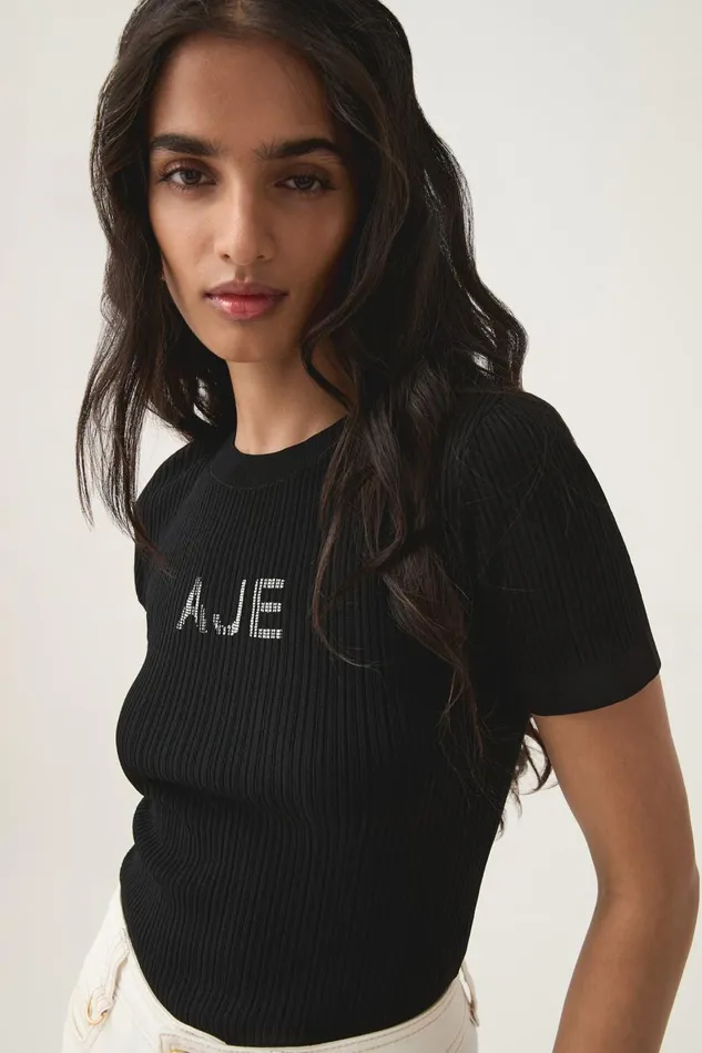 Aje Tees Depths Slim Fit Knit Tee Blackivory 8211 Women