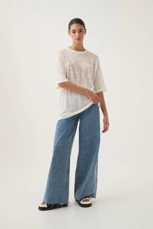 Aje Tees Elvira Oversized Linen Tee Ivorybeige Logo 8211 Women