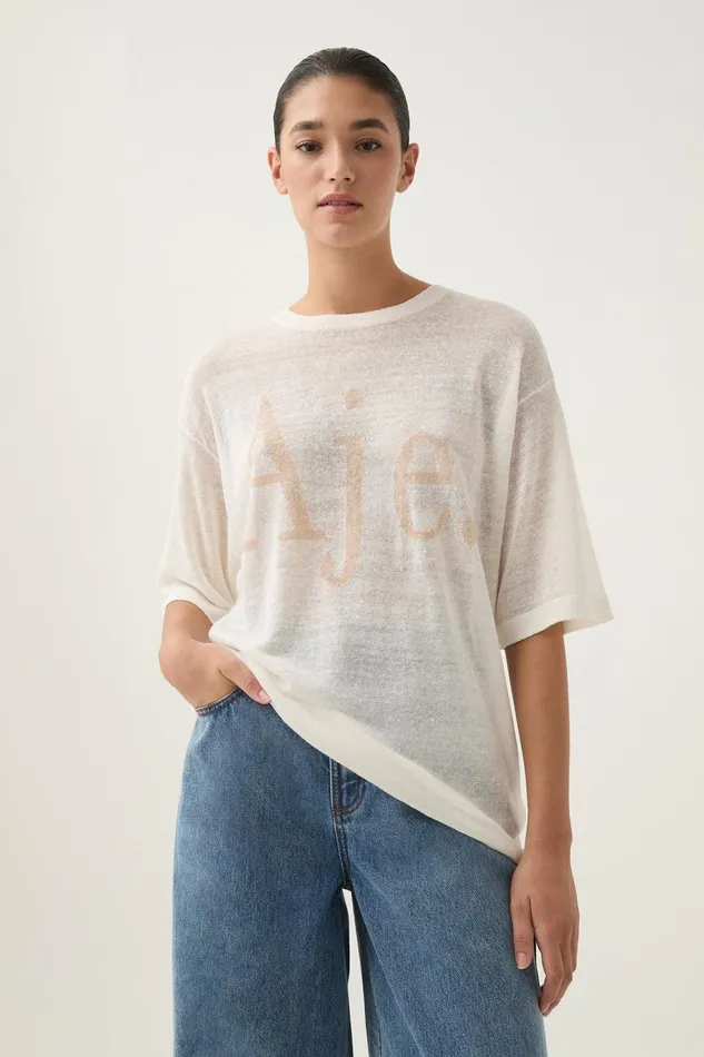 Aje Tees Elvira Oversized Linen Tee Ivorybeige Logo 8211 Women