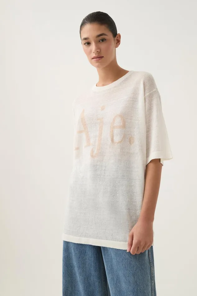 Aje Tees Elvira Oversized Linen Tee Ivorybeige Logo 8211 Women