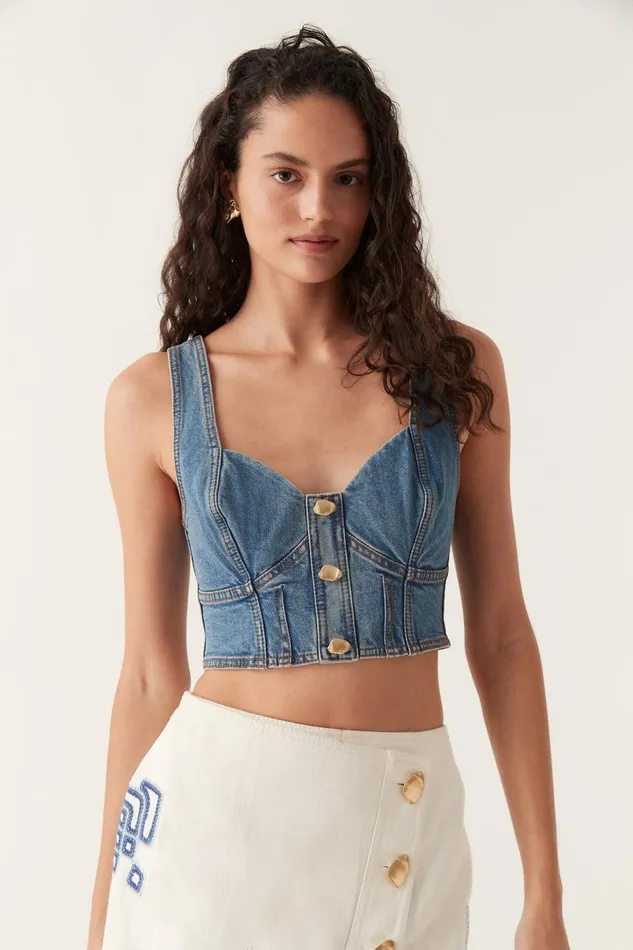 Aje Tops Elena Denim Cropped Bustier 90039s Wash 8211 Women