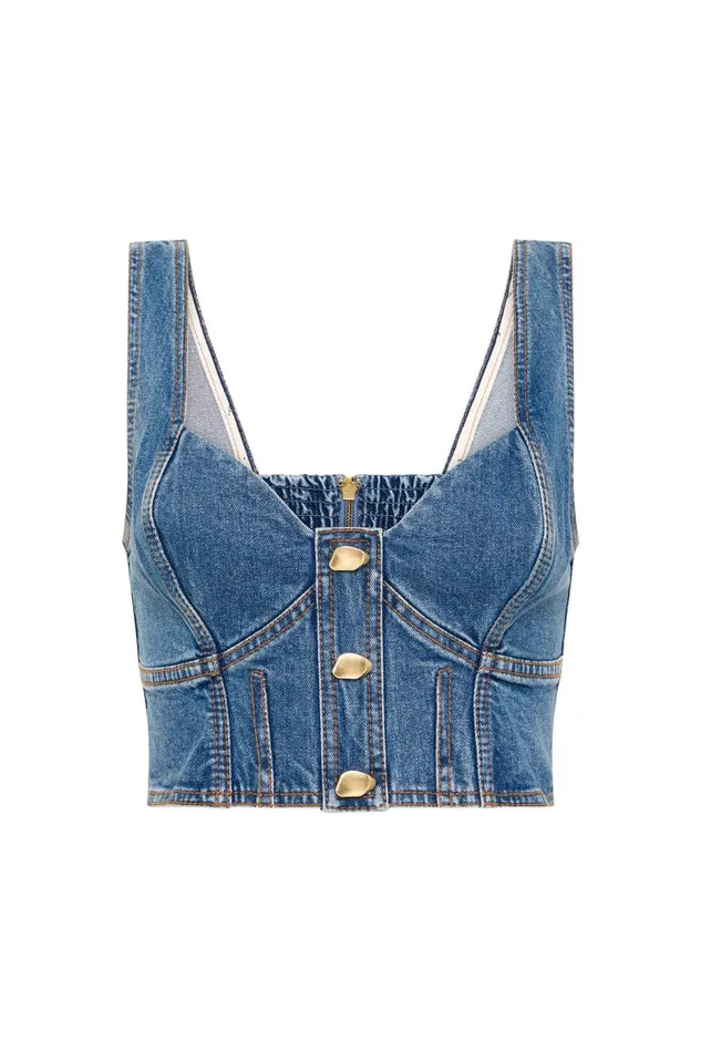 Aje Tops Elena Denim Cropped Bustier 90039s Wash 8211 Women Aje Tops Elena Denim Cropped Bustier 90039s Wash 8211 Women