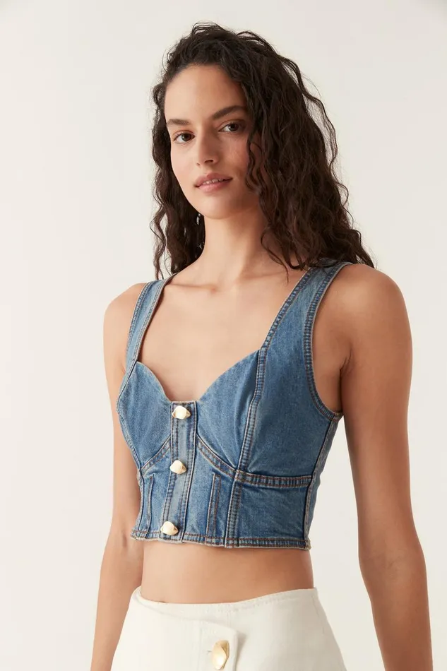 Aje Tops Elena Denim Cropped Bustier 90039s Wash 8211 Women Aje Tops Elena Denim Cropped Bustier 90039s Wash 8211 Women