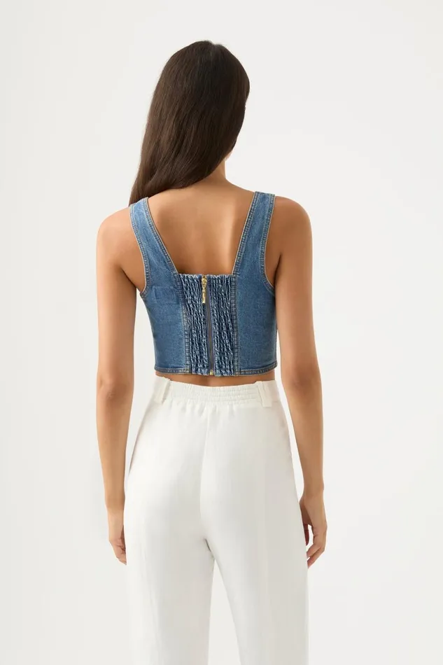 Aje Tops Elena Denim Cropped Bustier 90039s Wash 8211 Women Aje Tops Elena Denim Cropped Bustier 90039s Wash 8211 Women