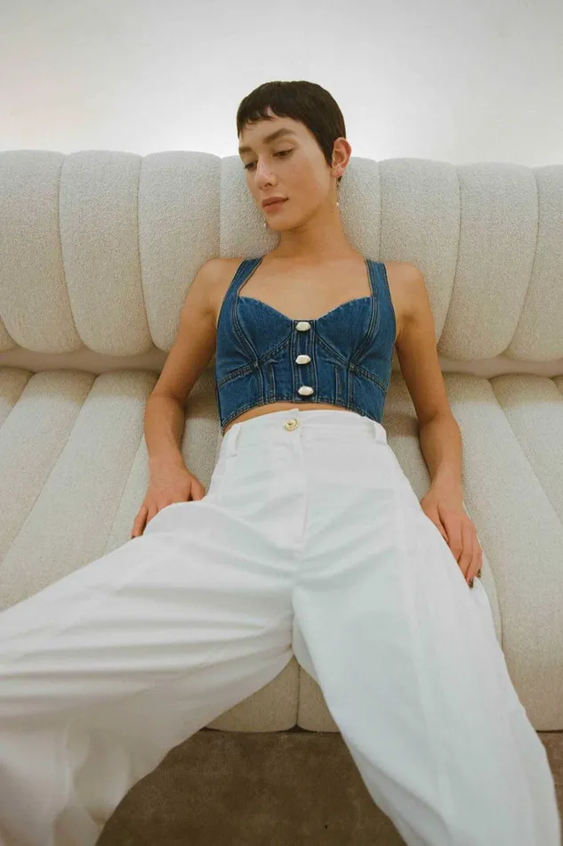 Aje Tops Elena Denim Cropped Bustier 90039s Wash 8211 Women Aje Tops Elena Denim Cropped Bustier 90039s Wash 8211 Women