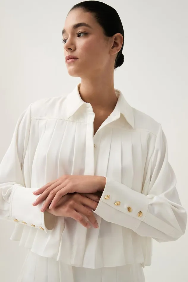 Aje Tops Estrade Pleated Crop Shirt Ivory 8211 Women