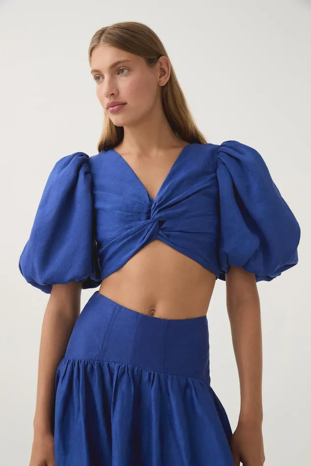 Aje Tops Reverb Puff Sleeve Cropped Top Cobalt Blue 8211 Women