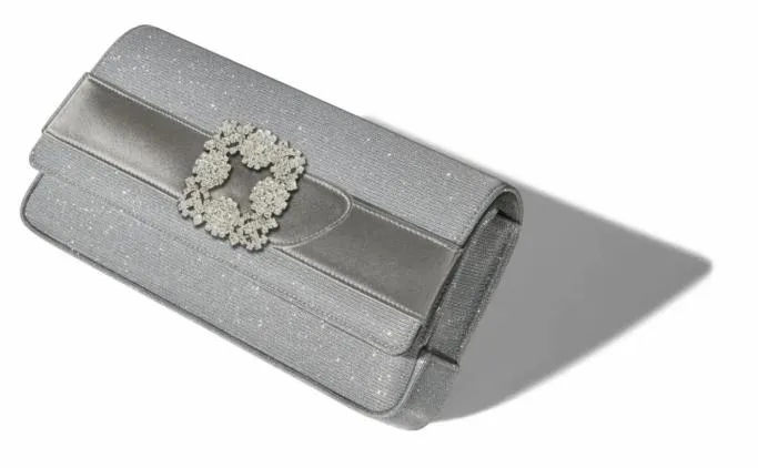 Bags Women Manolo Blahnik GOTHISI GLITTERSilver Glitter Jewel Buckle Clutch