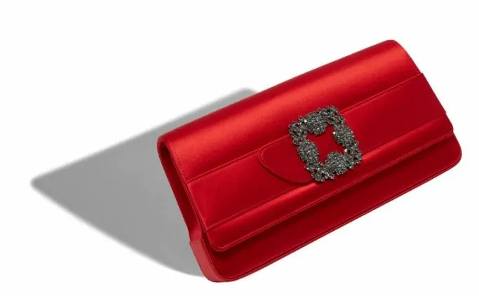 Bags Women Manolo Blahnik GOTHISIRed Satin Jewel Buckle Clutch