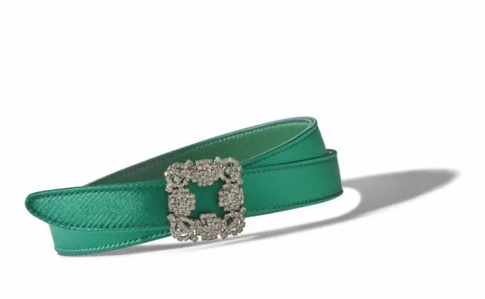 Belts Women Manolo Blahnik HANGISI BELT MINIGreen Satin Crystal Buckled Belt