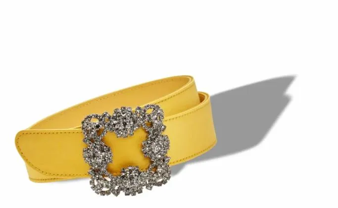 Belts Women Manolo Blahnik HANGISI BELTYellow Satin Crystal Buckled Belt