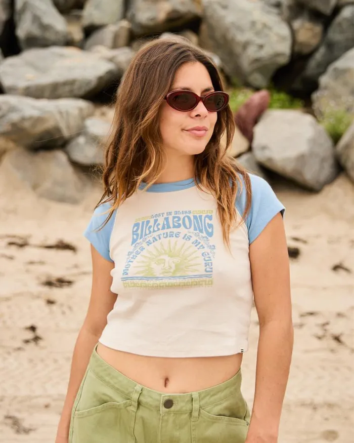 Billabong Graphic Tees and Tanks Blissed Cropped Raglan TShirt Blue Shadow 8211 Women Billabong Graphic Tees and Tanks Blissed Cropped Raglan TShirt Blue Shadow 8211 Women
