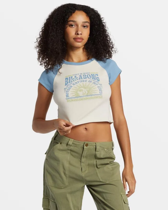 Billabong Graphic Tees and Tanks Blissed Cropped Raglan TShirt Blue Shadow 8211 Women Billabong Graphic Tees and Tanks Blissed Cropped Raglan TShirt Blue Shadow 8211 Women