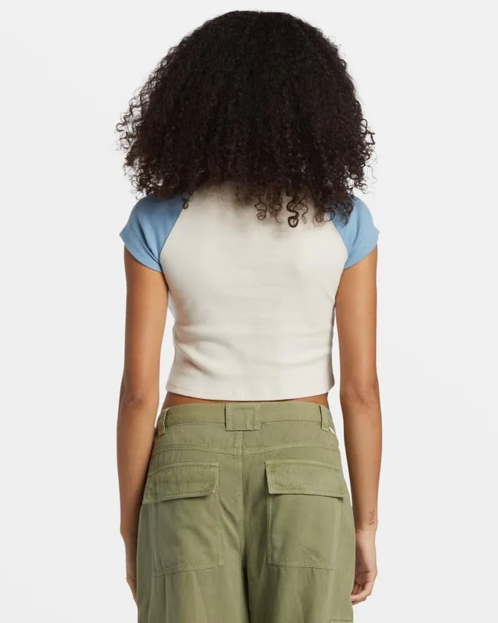 Billabong Graphic Tees and Tanks Blissed Cropped Raglan TShirt Blue Shadow 8211 Women Billabong Graphic Tees and Tanks Blissed Cropped Raglan TShirt Blue Shadow 8211 Women