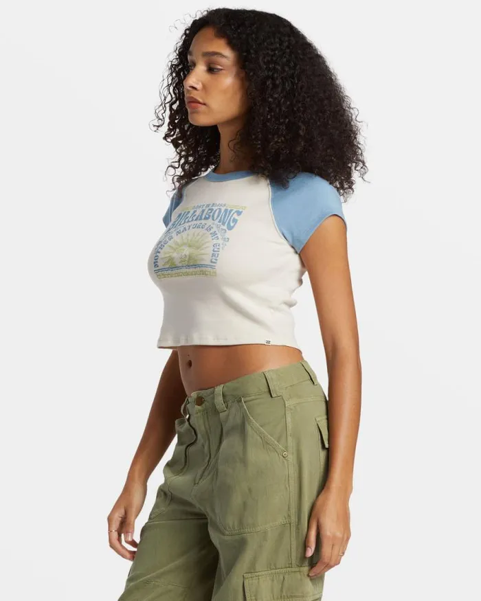 Billabong Graphic Tees and Tanks Blissed Cropped Raglan TShirt Blue Shadow 8211 Women Billabong Graphic Tees and Tanks Blissed Cropped Raglan TShirt Blue Shadow 8211 Women