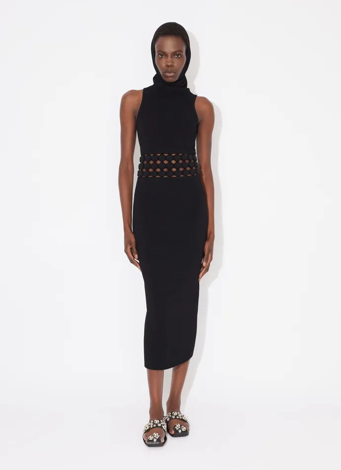 Black HOODED DRESS WITH 3D PERFORATIONS Women Alaa Dresses