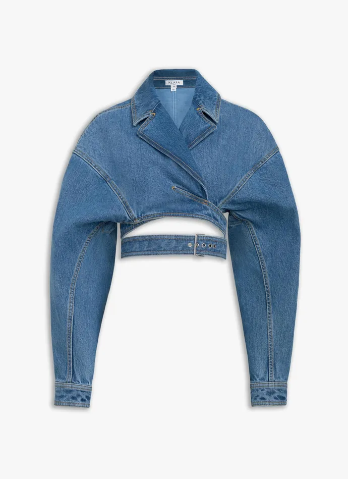 Blue DENIM CROSS OVER JACKET Women Alaa Coats and Jackets