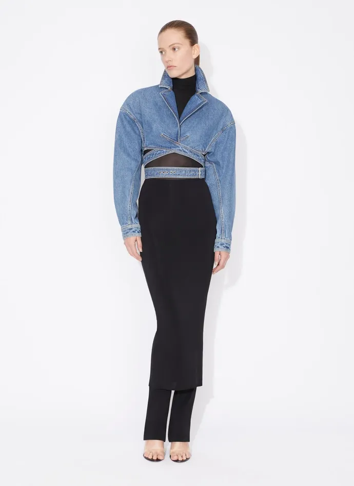 Blue DENIM CROSS OVER JACKET Women Alaa Coats and Jackets