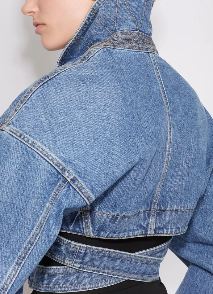 Blue DENIM CROSS OVER JACKET Women Alaa Coats and Jackets