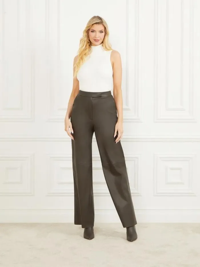 Bottoms Women Marciano Vixen FauxLeather Wide Leg Pant 344 Olive Branch