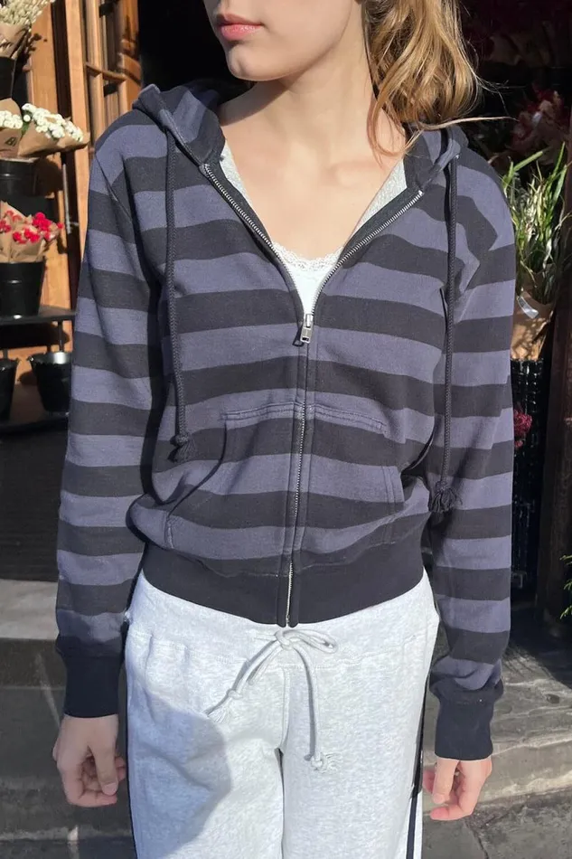 Brandy Melville Sweatpants and Sweatshirts Christy Striped Hoodie Dusty Navy Purple Stripes 8211 Women