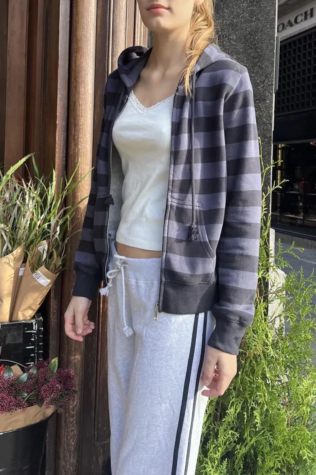 Brandy Melville Sweatpants and Sweatshirts Christy Striped Hoodie Dusty Navy Purple Stripes 8211 Women