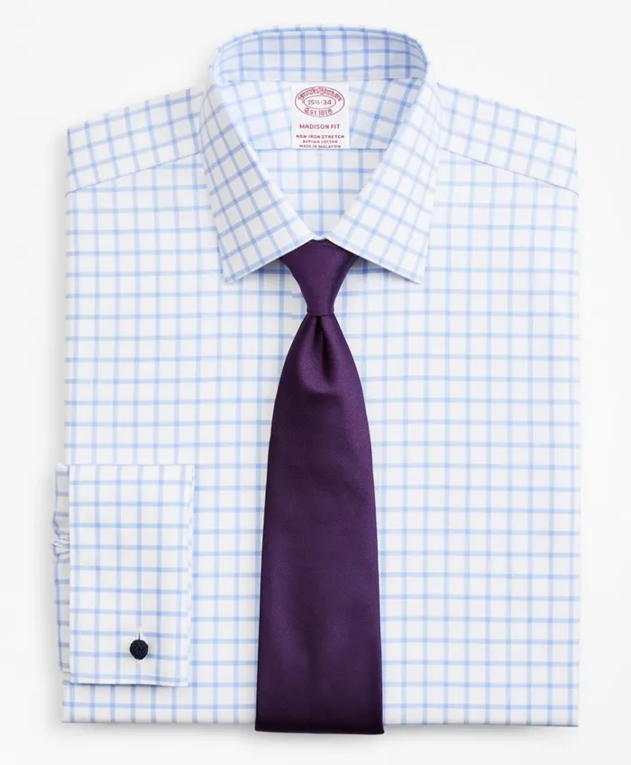 Brooks Brothers Dress Shirts Stretch Madison ClassicFit Dress Shirt NonIron Twill Ainsley Collar French Cuff Grid Check Light Blue 8211 Men Brooks Brothers Dress Shirts Stretch Madison ClassicFit Dress Shirt NonIron Twill Ainsley Collar French Cuff Grid Check Light Blue 8211 Men
