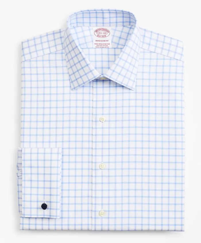 Brooks Brothers Dress Shirts Stretch Madison ClassicFit Dress Shirt NonIron Twill Ainsley Collar French Cuff Grid Check Light Blue 8211 Men Brooks Brothers Dress Shirts Stretch Madison ClassicFit Dress Shirt NonIron Twill Ainsley Collar French Cuff Grid Check Light Blue 8211 Men