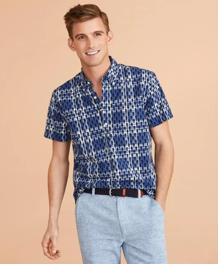 Brooks Brothers Sport Shirts SeahorsePrint Madras Popover Shirt ShortSleeve Blue 8211 Men Brooks Brothers Sport Shirts SeahorsePrint Madras Popover Shirt ShortSleeve Blue 8211 Men