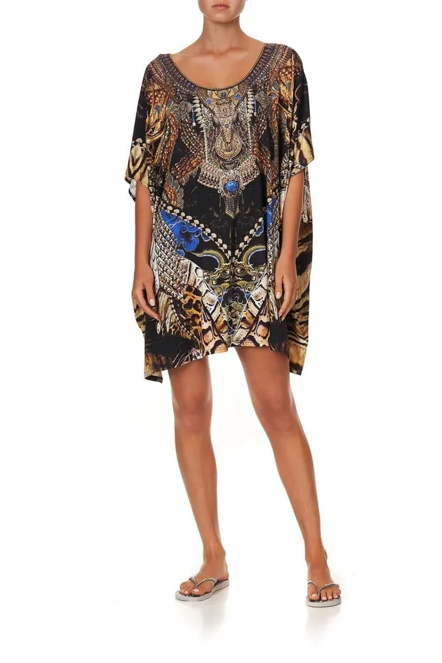 Camilla Kaftans and Coverups Women Short Round Neck Lounge Kaftan Dragon Lady