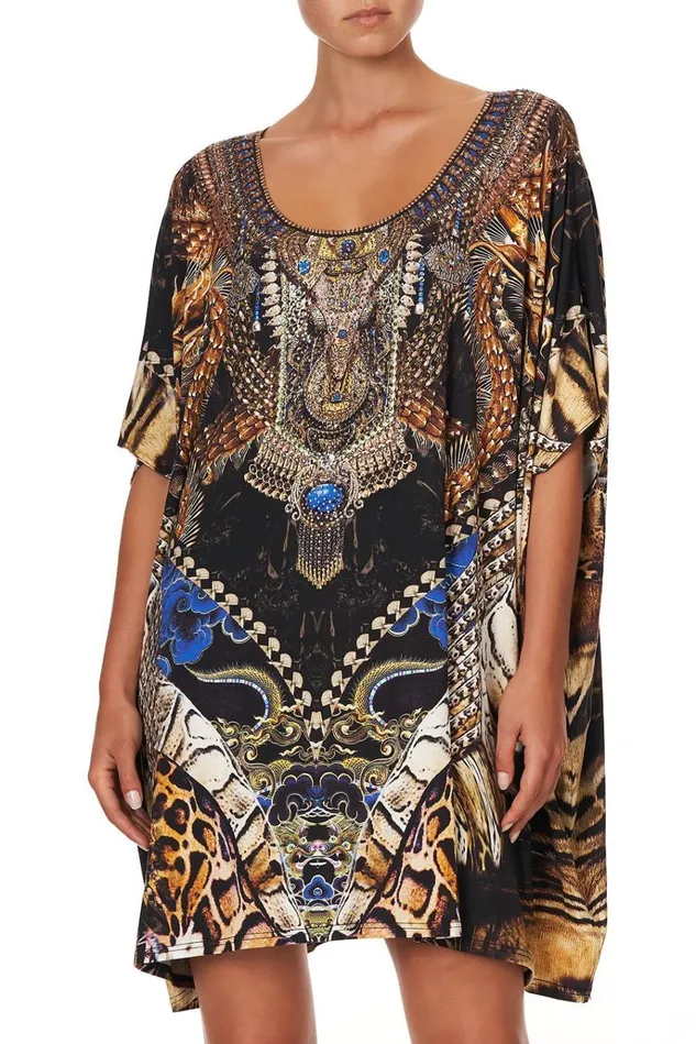 Camilla Kaftans and Coverups Women Short Round Neck Lounge Kaftan Dragon Lady
