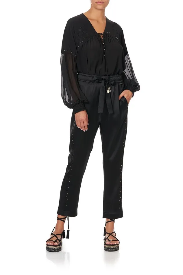 Camilla Modest Clothing Women Blouson Blouse With Neck Tie Solid Black