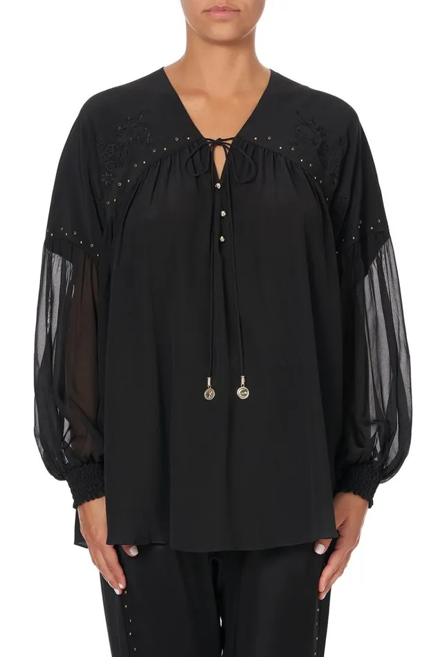 Camilla Modest Clothing Women Blouson Blouse With Neck Tie Solid Black