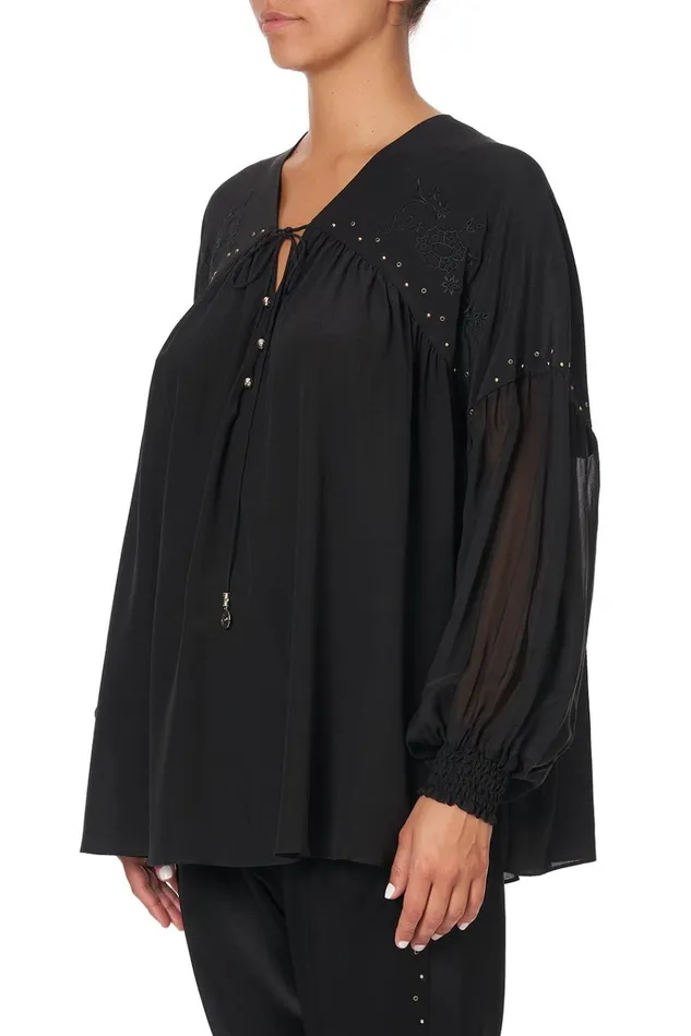 Camilla Modest Clothing Women Blouson Blouse With Neck Tie Solid Black
