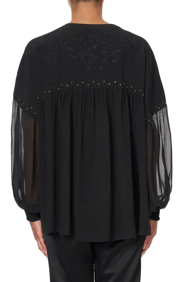 Camilla Modest Clothing Women Blouson Blouse With Neck Tie Solid Black