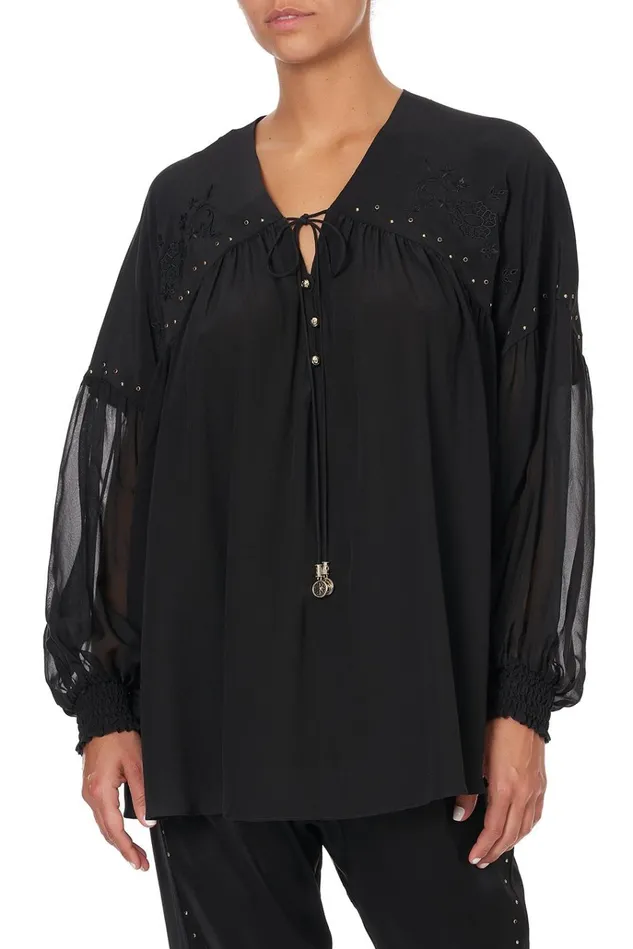 Camilla Modest Clothing Women Blouson Blouse With Neck Tie Solid Black